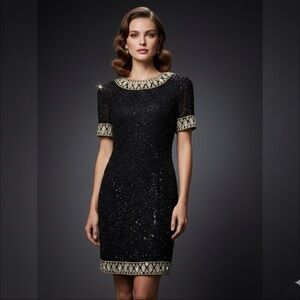 Vtg A. J. Bari Size 10 100% Silk Black Gold Beaded Embellished Cocktail Dress M